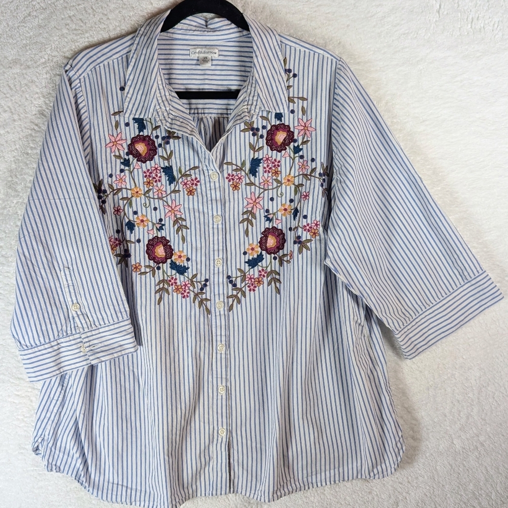53-croft & Barrow Striped Embroidered Button-Up Shirt With